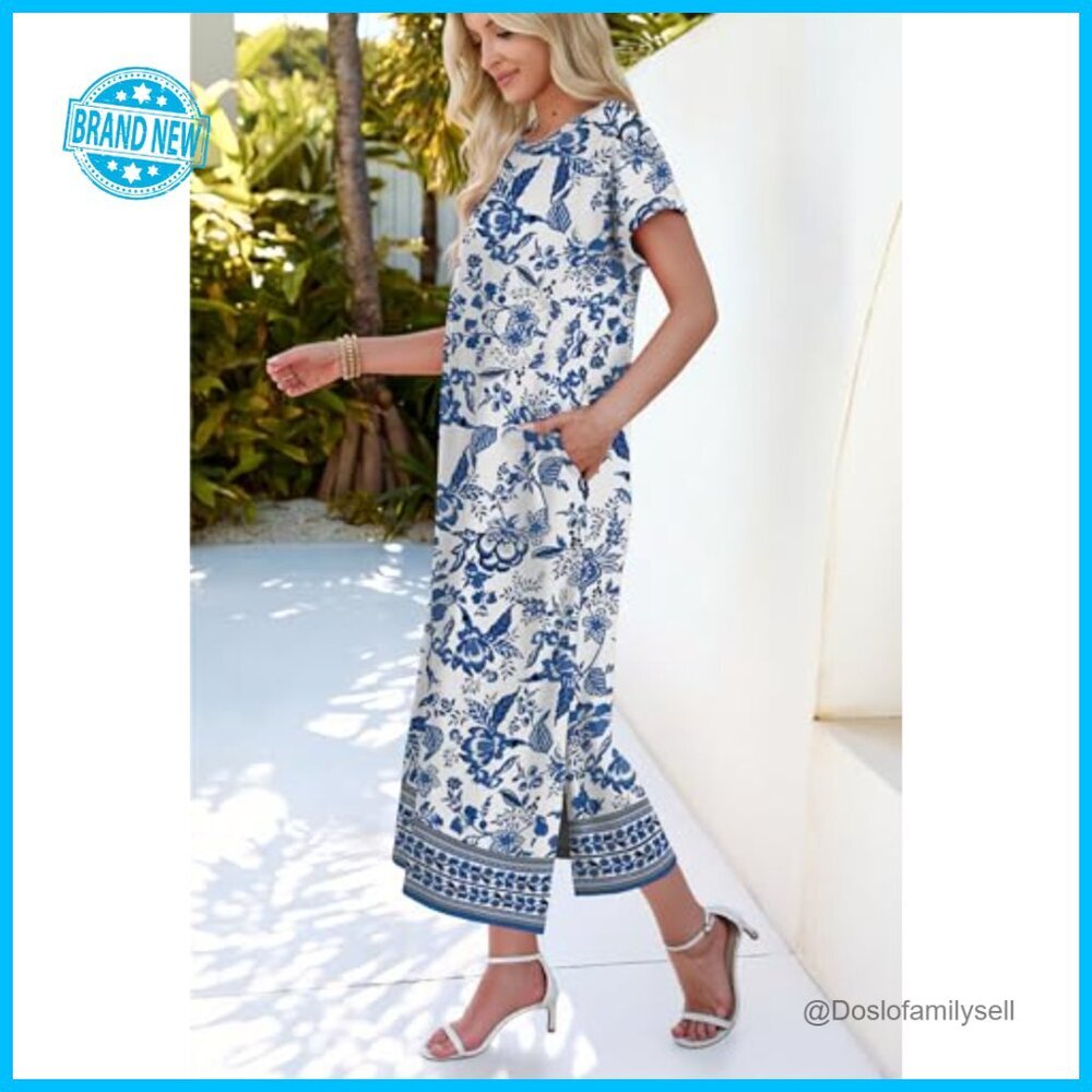 Casual Maxi Dress Short Sleeve T-Shirt Style with Pockets Travel Outfit - Picture 5 of 7
